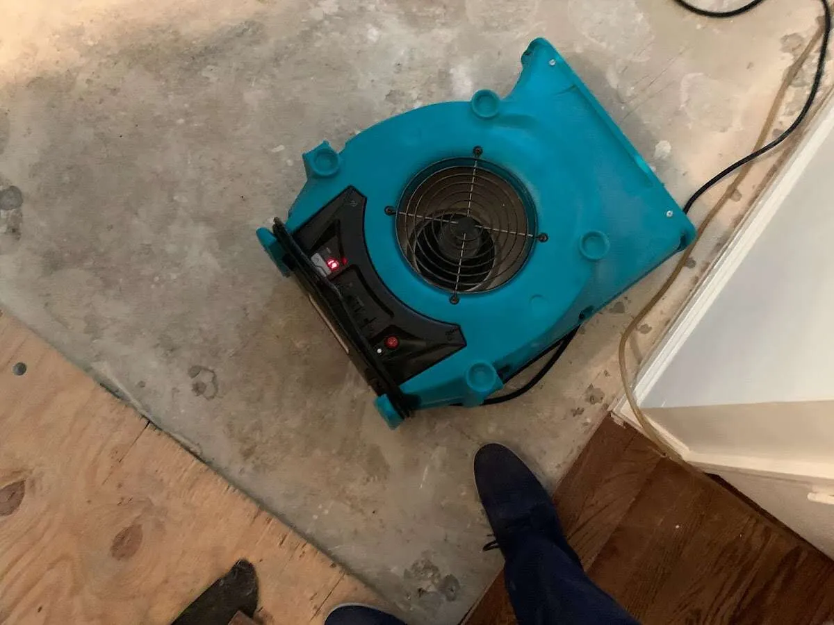 Air mover drying subfloor during Leak Detection & Repair in Batesville
